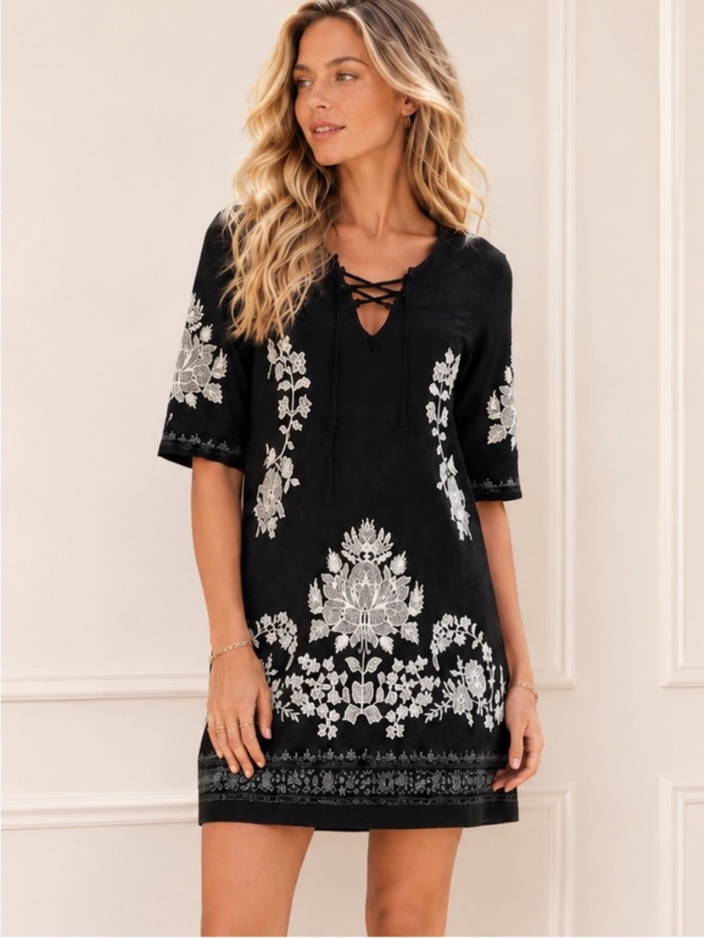 Free People Talia Embroidered Black Tunic/Dress